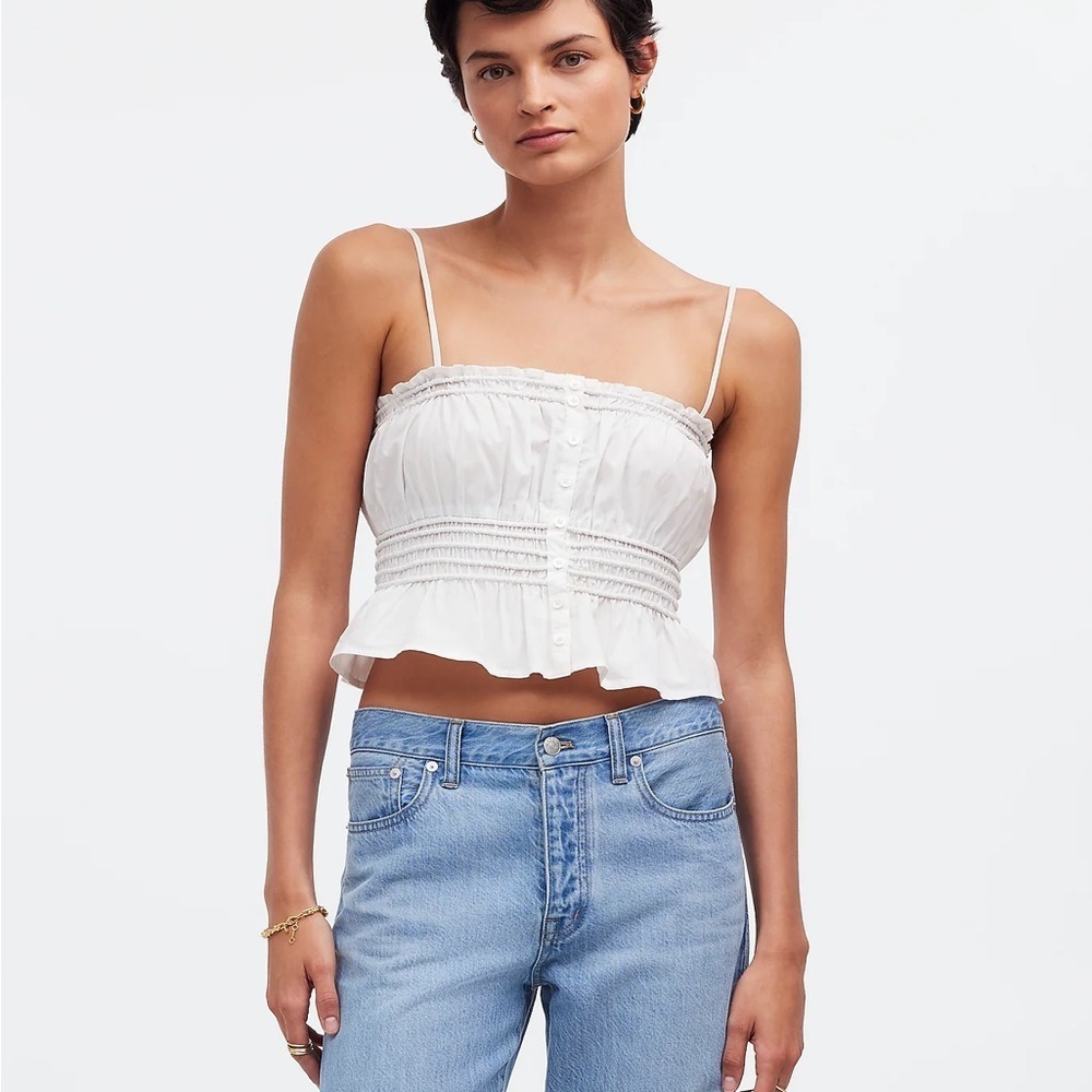 Madewell Smocked Button-Front Top in Poplin XL - Picture 2 of 11